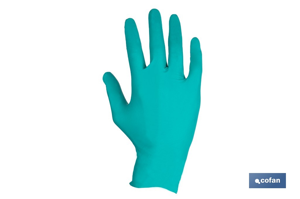 Caja de 100 guantes de nitrilo desechables de color verde, sin polvo, de alta resistencia y protección profesional | Disponible en diferentes tallas - Cofan