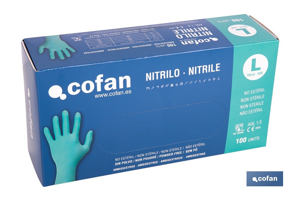 Caja de 100 guantes de nitrilo desechables de color verde, sin polvo, de alta resistencia y protección profesional | Disponible en diferentes tallas - Cofan