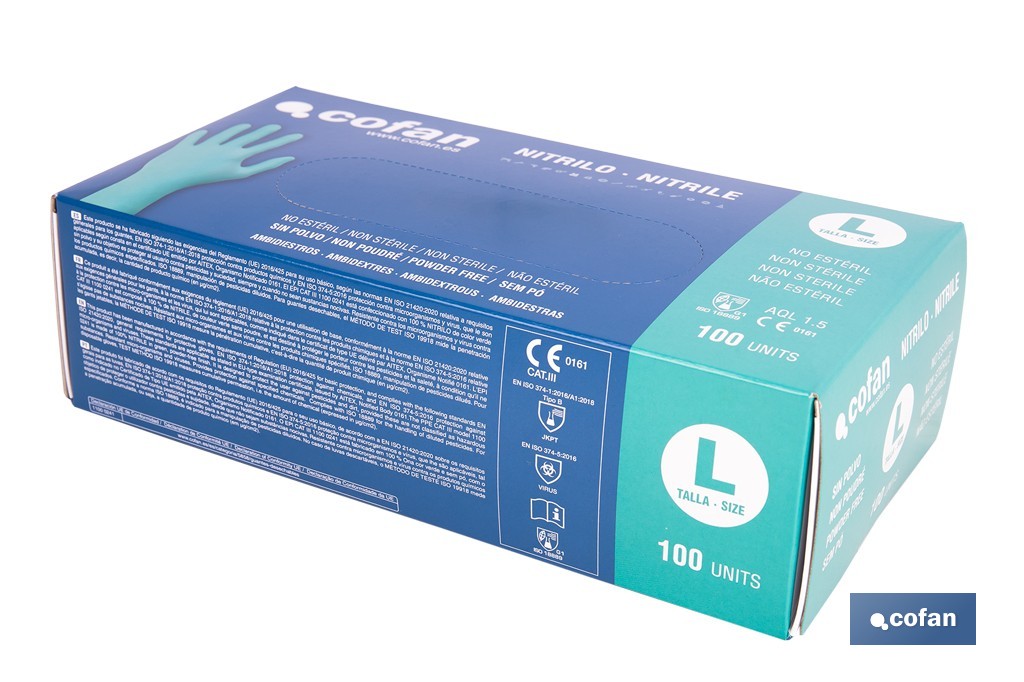 Caja de 100 guantes de nitrilo desechables de color verde, sin polvo, de alta resistencia y protección profesional | Disponible en diferentes tallas - Cofan