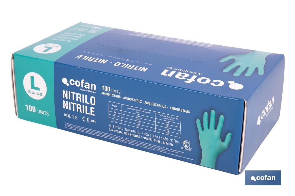 Caja de 100 guantes de nitrilo desechables de color verde, sin polvo, de alta resistencia y protección profesional | Disponible en diferentes tallas - Cofan