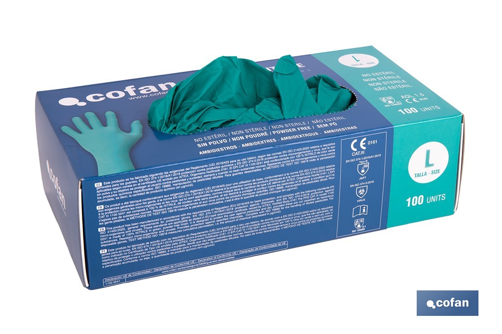 Caja de 100 guantes de nitrilo desechables de color verde, sin polvo, de alta resistencia y protección profesional | Disponible en diferentes tallas - Cofan