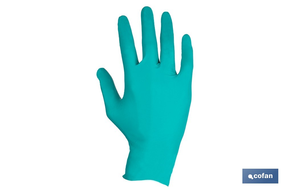 Caja de 100 guantes de nitrilo desechables de color verde, sin polvo, de alta resistencia y protección profesional | Disponible en diferentes tallas - Cofan