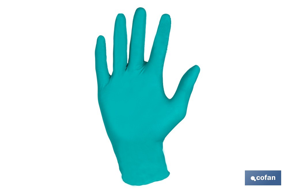 Caja de 100 guantes de nitrilo desechables de color verde, sin polvo, de alta resistencia y protección profesional | Disponible en diferentes tallas - Cofan