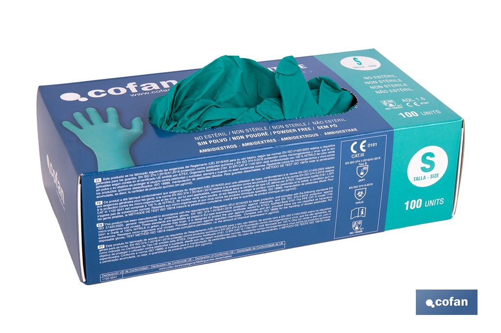 Caja de 100 guantes de nitrilo desechables de color verde, sin polvo, de alta resistencia y protección profesional | Disponible en diferentes tallas - Cofan