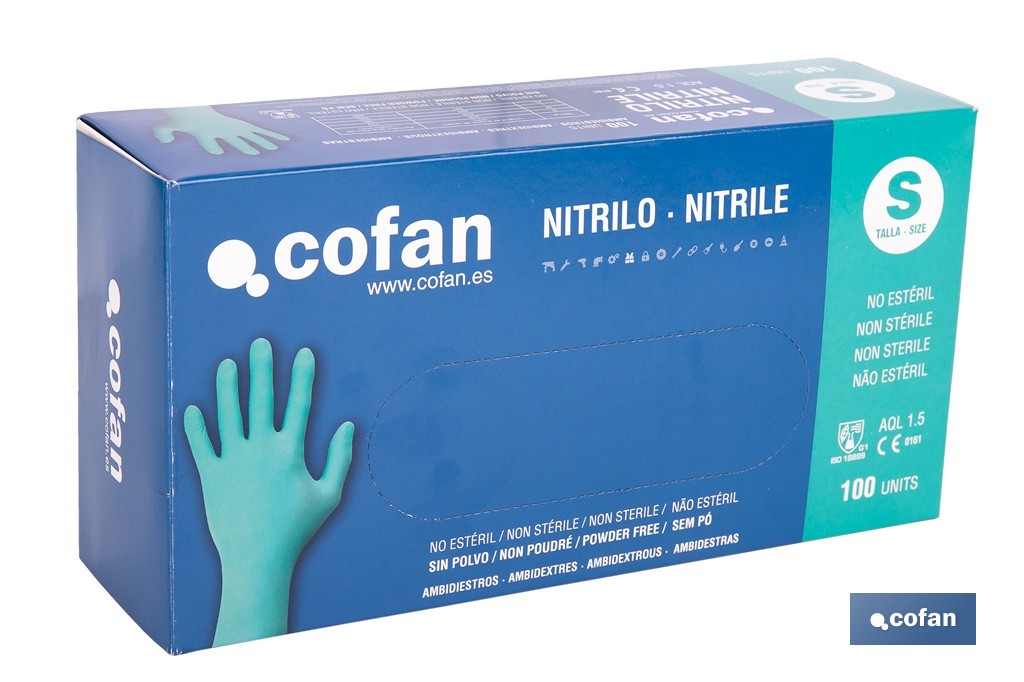 Caja de 100 guantes de nitrilo desechables de color verde, sin polvo, de alta resistencia y protección profesional | Disponible en diferentes tallas - Cofan