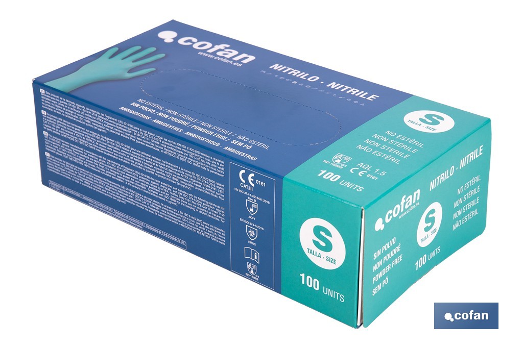 Caja de 100 guantes de nitrilo desechables de color verde, sin polvo, de alta resistencia y protección profesional | Disponible en diferentes tallas - Cofan