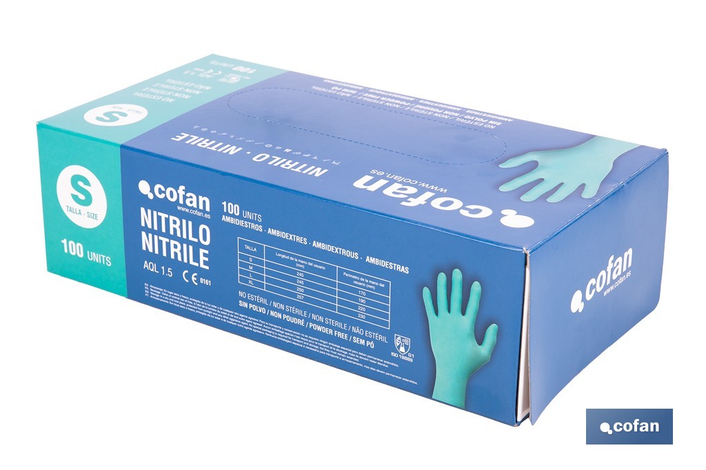 Caja de 100 guantes de nitrilo desechables de color verde, sin polvo, de alta resistencia y protección profesional | Disponible en diferentes tallas - Cofan