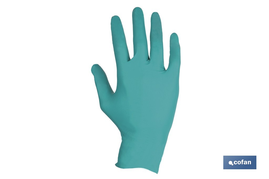 Caja de 100 guantes de nitrilo desechables de color verde, sin polvo, de alta resistencia y protección profesional | Disponible en diferentes tallas - Cofan