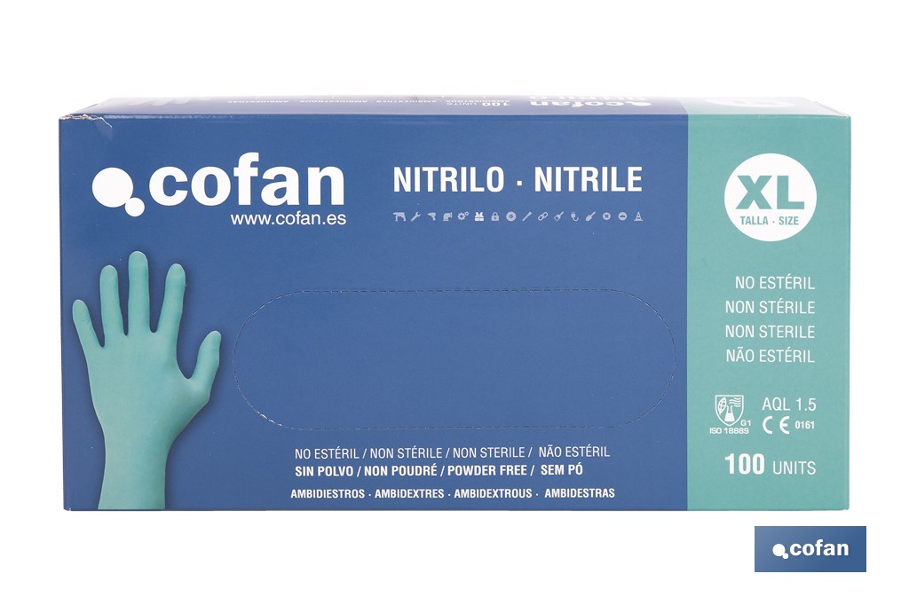 Caja de 100 guantes de nitrilo desechables de color verde, sin polvo, de alta resistencia y protección profesional | Disponible en diferentes tallas - Cofan