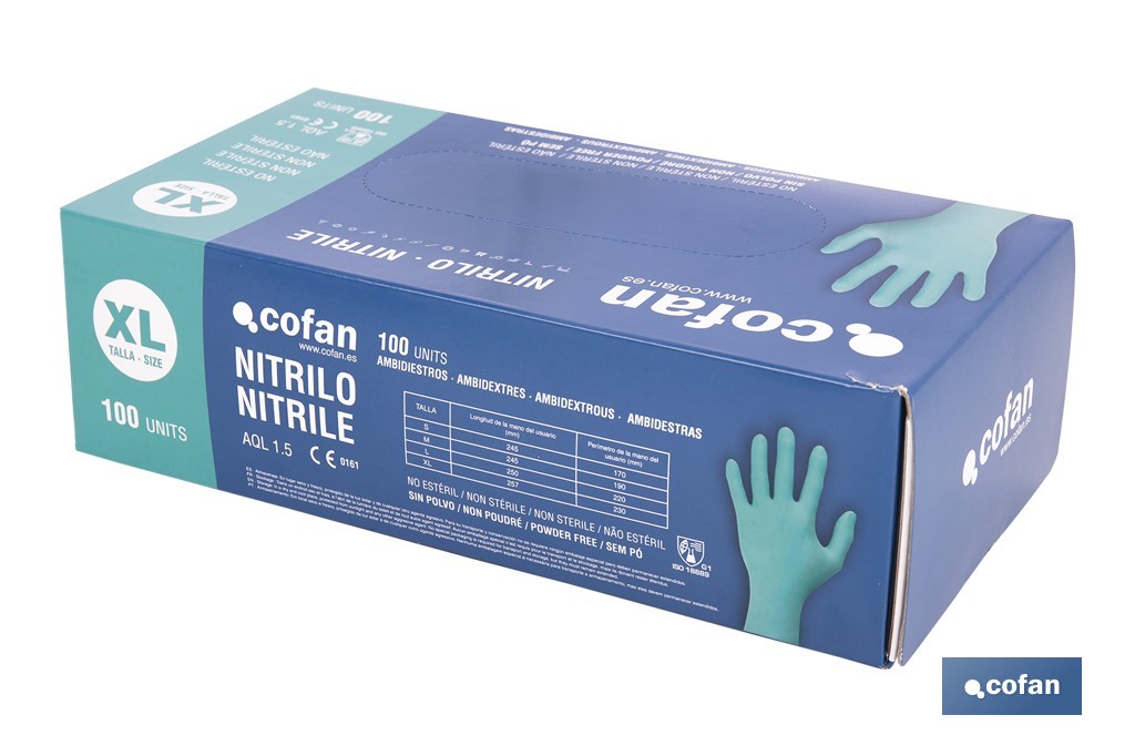 Caja de 100 guantes de nitrilo desechables de color verde, sin polvo, de alta resistencia y protección profesional | Disponible en diferentes tallas - Cofan