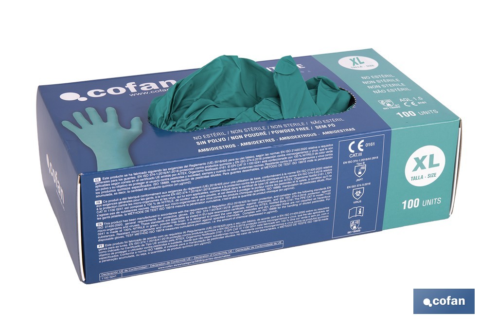 Caja de 100 guantes de nitrilo desechables de color verde, sin polvo, de alta resistencia y protección profesional | Disponible en diferentes tallas - Cofan