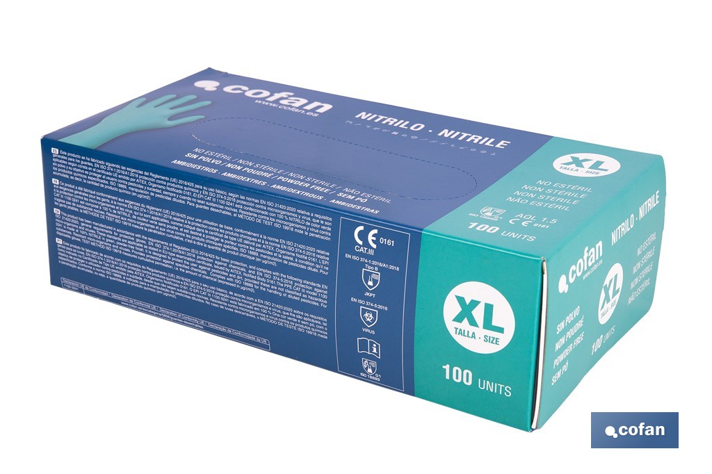 Caja de 100 guantes de nitrilo desechables de color verde, sin polvo, de alta resistencia y protección profesional | Disponible en diferentes tallas - Cofan