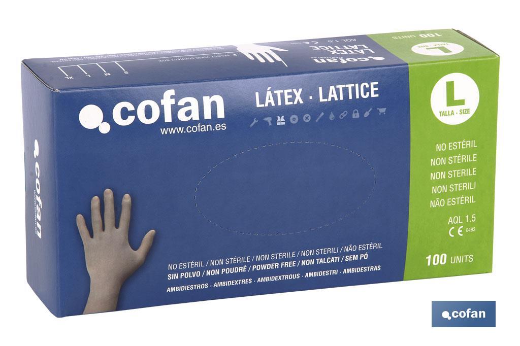 Caja de 100 guantes de látex sin polvo | Resistentes | 100 % de látex | Dispensador de guantes - Cofan