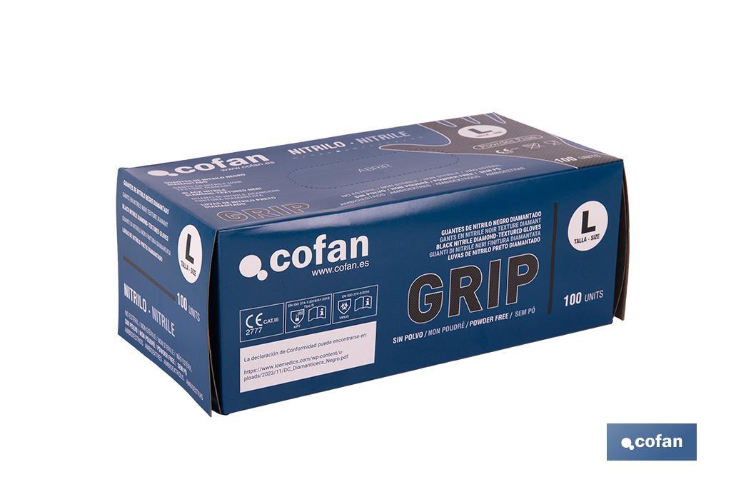 Boîte de 100 gants en nitrile avec texture de diamant | Tailles de la S à la XL | Couleur : Noire - Cofan
