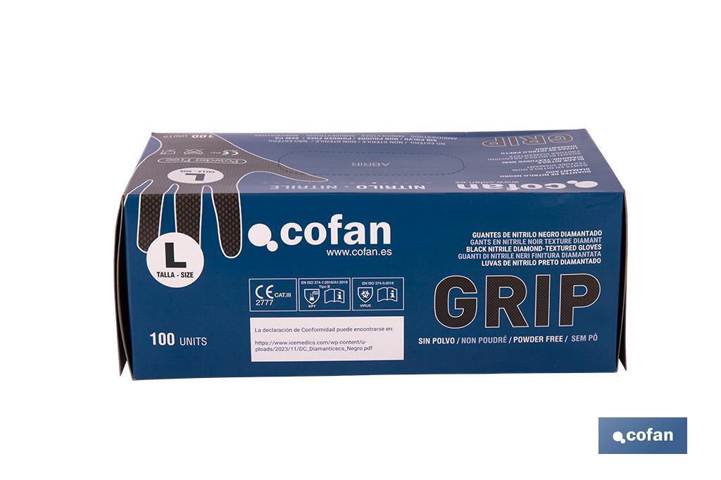 Boîte de 100 gants en nitrile avec texture de diamant | Tailles de la S à la XL | Couleur : Noire - Cofan