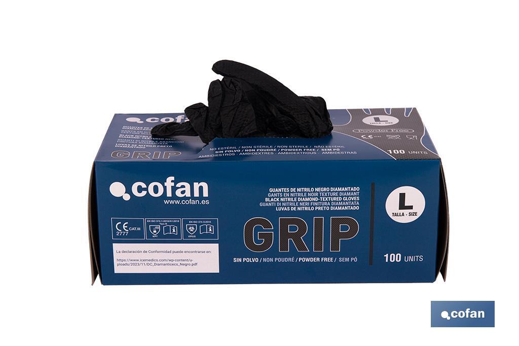 Boîte de 100 gants en nitrile avec texture de diamant | Tailles de la S à la XL | Couleur : Noire - Cofan
