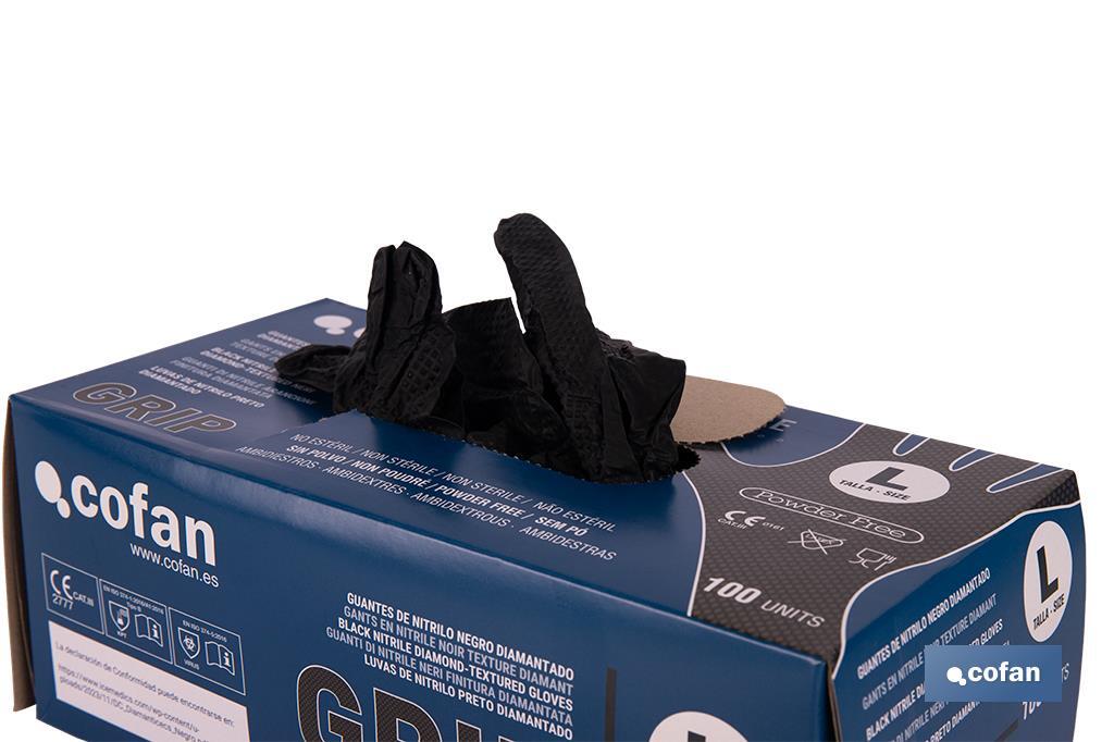 Boîte de 100 gants en nitrile avec texture de diamant | Tailles de la S à la XL | Couleur : Noire - Cofan