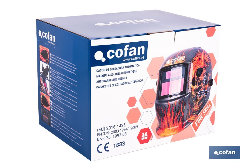 Casco de soldadura automático Fire Skull | Solar, oscurecimiento automático DIN 9-13 | Adecuado para soldadura tipo ARC, MIG, MAG y TIG - Cofan