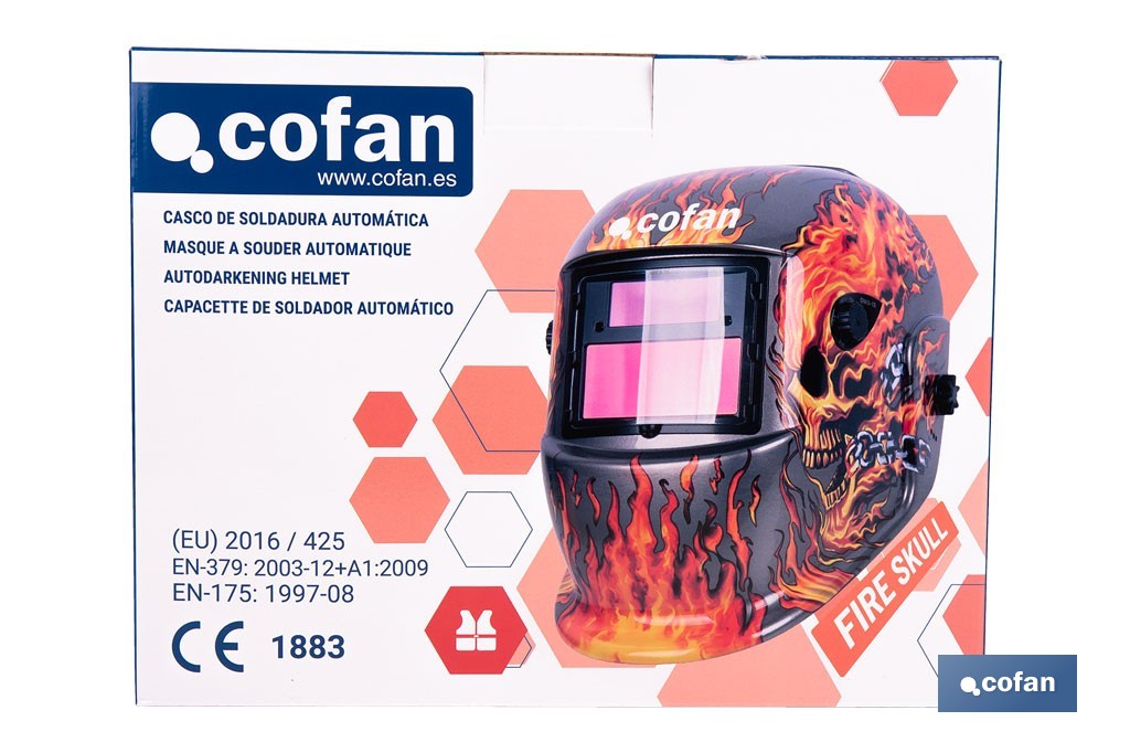Casco de soldadura automático Fire Skull | Solar, oscurecimiento automático DIN 9-13 | Adecuado para soldadura tipo ARC, MIG, MAG y TIG - Cofan