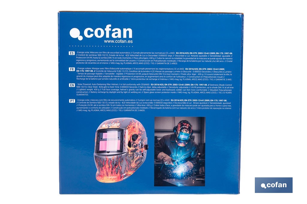 Casco de soldadura automático Fire Skull | Solar, oscurecimiento automático DIN 9-13 | Adecuado para soldadura tipo ARC, MIG, MAG y TIG - Cofan