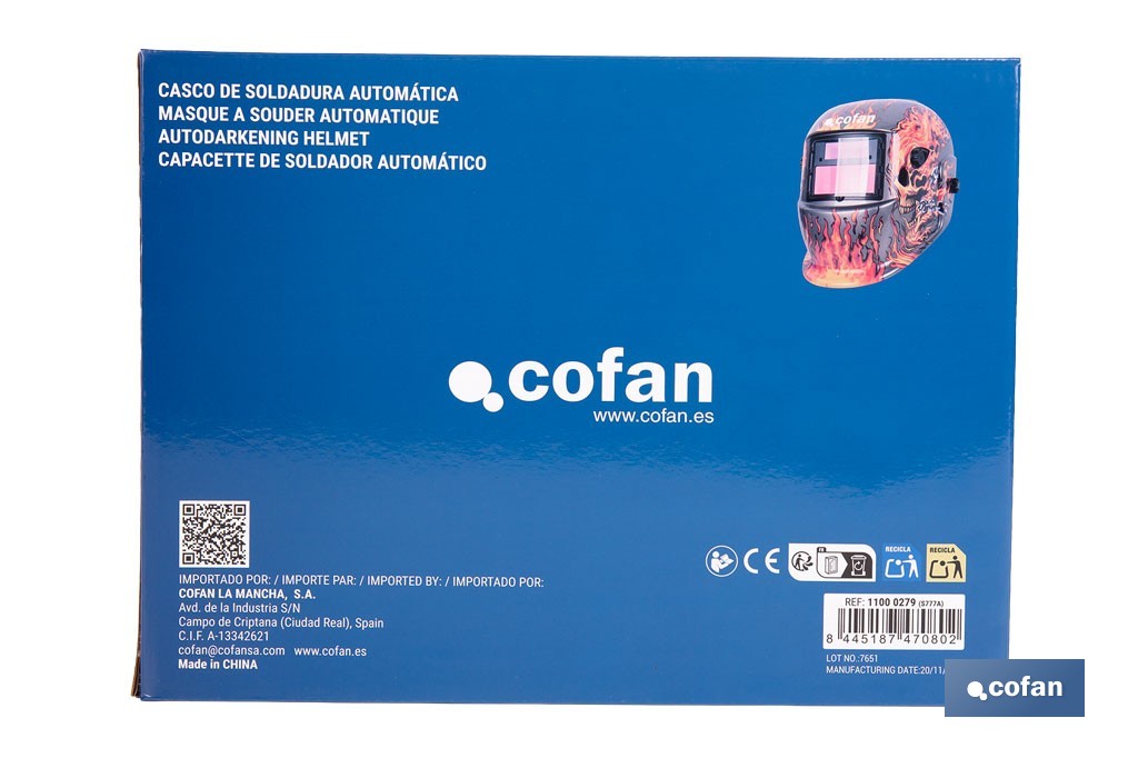 Casco de soldadura automático Fire Skull | Solar, oscurecimiento automático DIN 9-13 | Adecuado para soldadura tipo ARC, MIG, MAG y TIG - Cofan