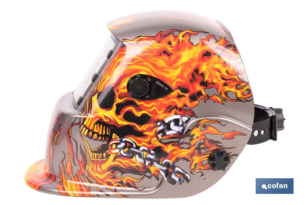 Casco de soldadura automático Fire Skull | Solar, oscurecimiento automático DIN 9-13 | Adecuado para soldadura tipo ARC, MIG, MAG y TIG - Cofan