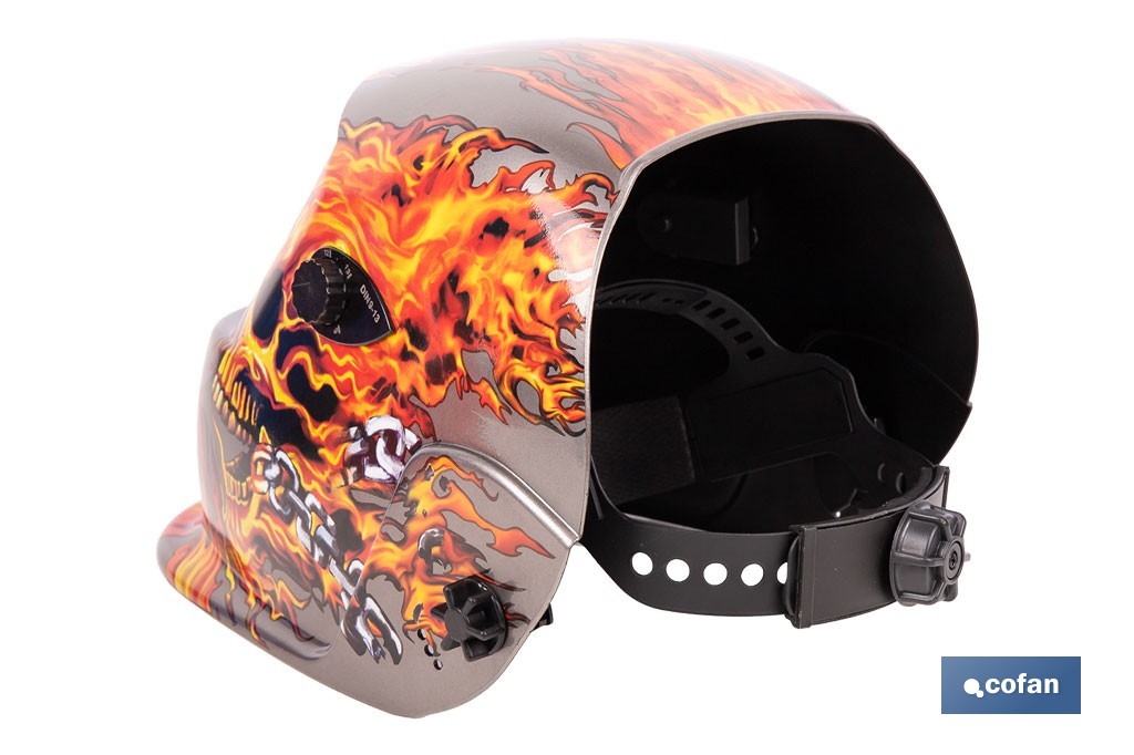 Casco de soldadura automático Fire Skull | Solar, oscurecimiento automático DIN 9-13 | Adecuado para soldadura tipo ARC, MIG, MAG y TIG - Cofan