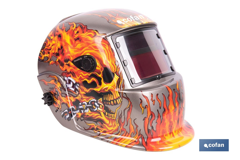 Casco de soldadura automático Fire Skull | Solar, oscurecimiento automático DIN 9-13 | Adecuado para soldadura tipo ARC, MIG, MAG y TIG - Cofan
