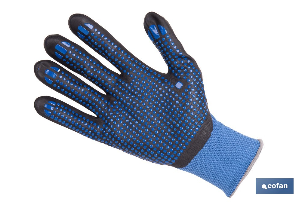 Guantes impregnados de nitrilo con puntos azules | EN 388-4121X | Alta destreza y comodidad | Disponibles desde la talla 6 hasta la 11 - Cofan