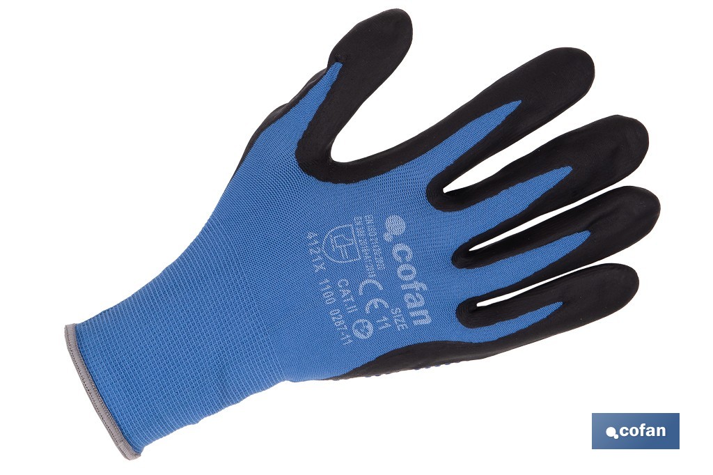Guantes impregnados de nitrilo con puntos azules | EN 388-4121X | Alta destreza y comodidad | Disponibles desde la talla 6 hasta la 11 - Cofan