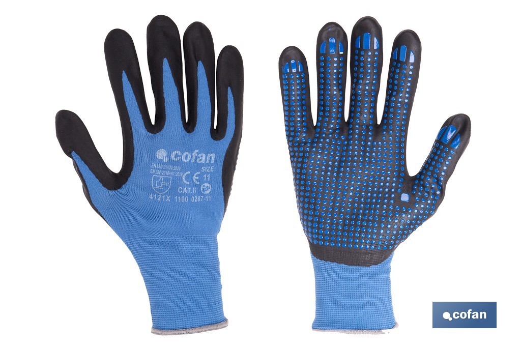 Guantes impregnados de nitrilo con puntos azules | EN 388-4121X | Alta destreza y comodidad | Disponibles desde la talla 6 hasta la 11 - Cofan