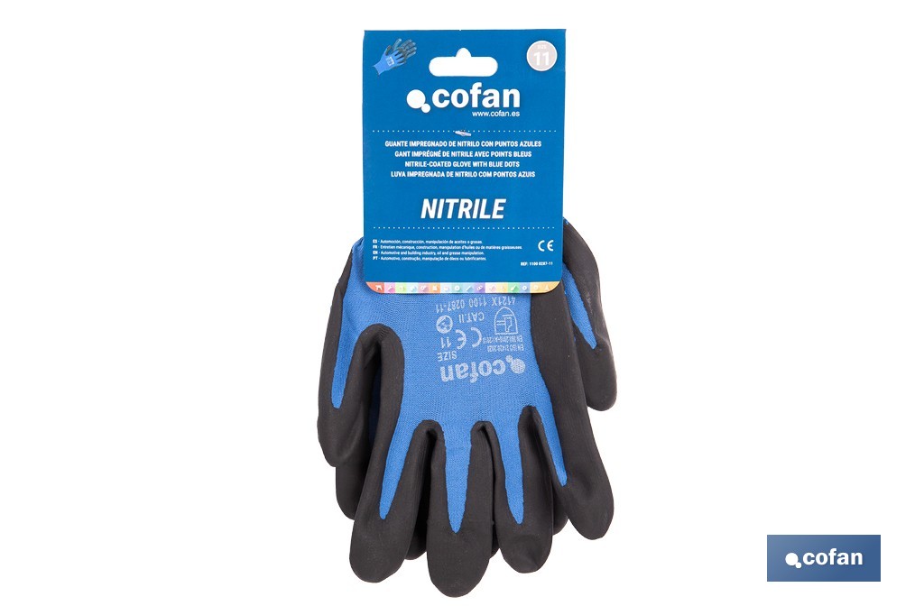Guantes impregnados de nitrilo con puntos azules | EN 388-4121X | Alta destreza y comodidad | Disponibles desde la talla 6 hasta la 11 - Cofan