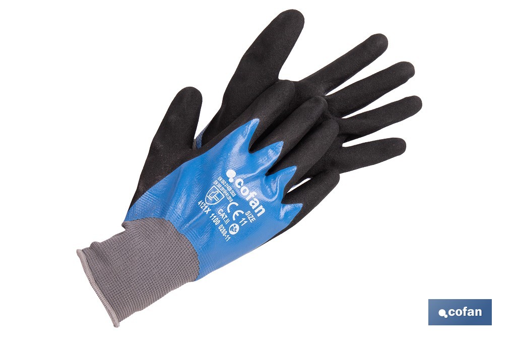 Double-dipped sandy blue nitrile-coated gloves | Colour: Blue | Maximum grip in dry, wet and oily conditions | En 388-2131X | Available from size 6 to 11 - Cofan