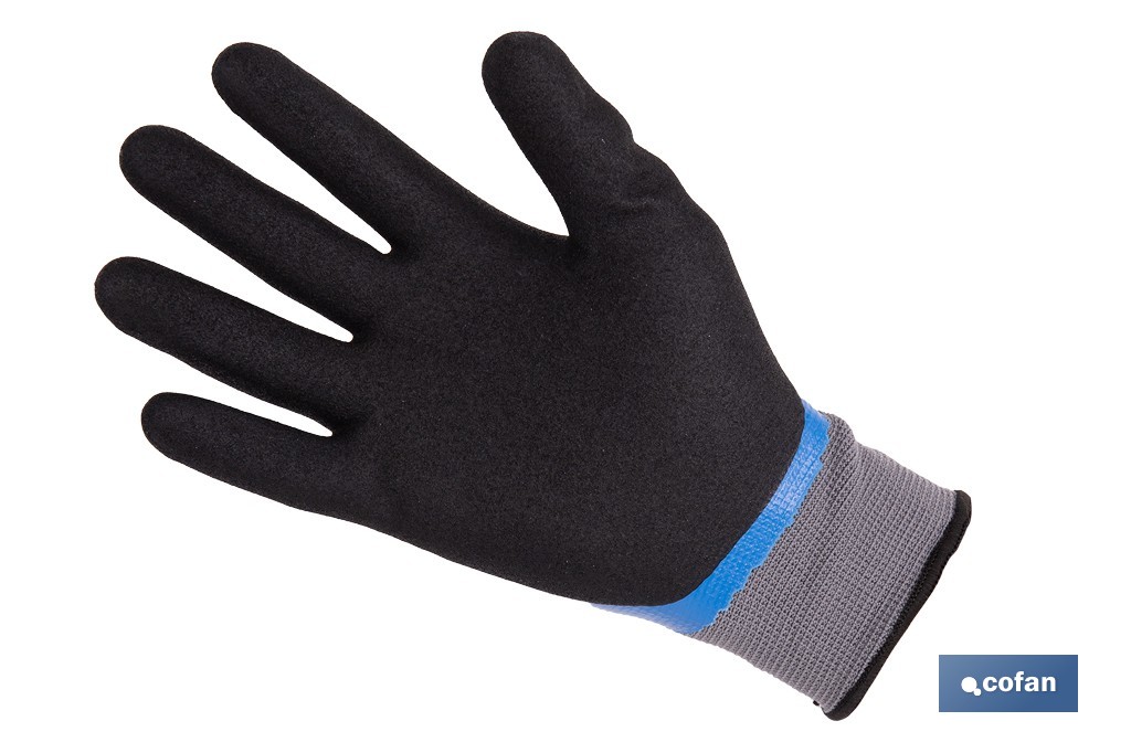 Double-dipped sandy blue nitrile-coated gloves | Colour: Blue | Maximum grip in dry, wet and oily conditions | En 388-2131X | Available from size 6 to 11 - Cofan