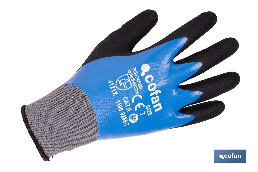 Double-dipped sandy blue nitrile-coated gloves | Colour: Blue | Maximum grip in dry, wet and oily conditions | En 388-2131X | Available from size 6 to 11 - Cofan