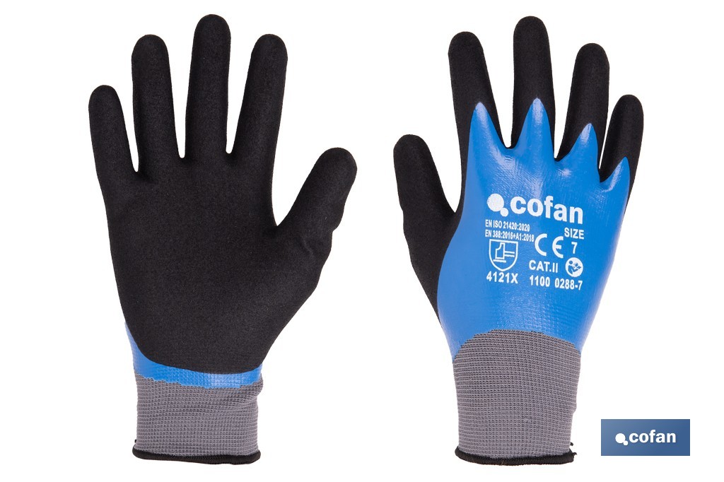 Double-dipped sandy blue nitrile-coated gloves | Colour: Blue | Maximum grip in dry, wet and oily conditions | En 388-2131X | Available from size 6 to 11 - Cofan