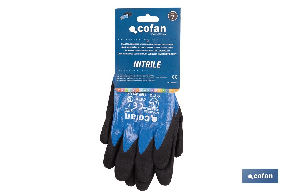 Double-dipped sandy blue nitrile-coated gloves | Colour: Blue | Maximum grip in dry, wet and oily conditions | En 388-2131X | Available from size 6 to 11 - Cofan
