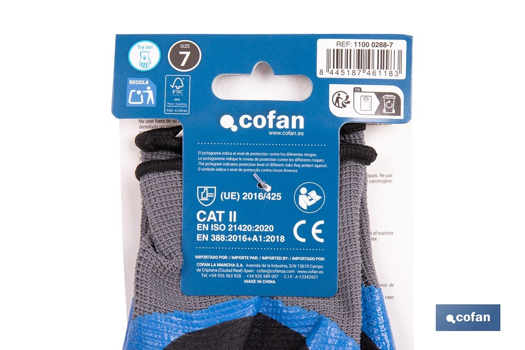 Double-dipped sandy blue nitrile-coated gloves | Colour: Blue | Maximum grip in dry, wet and oily conditions | En 388-2131X | Available from size 6 to 11 - Cofan