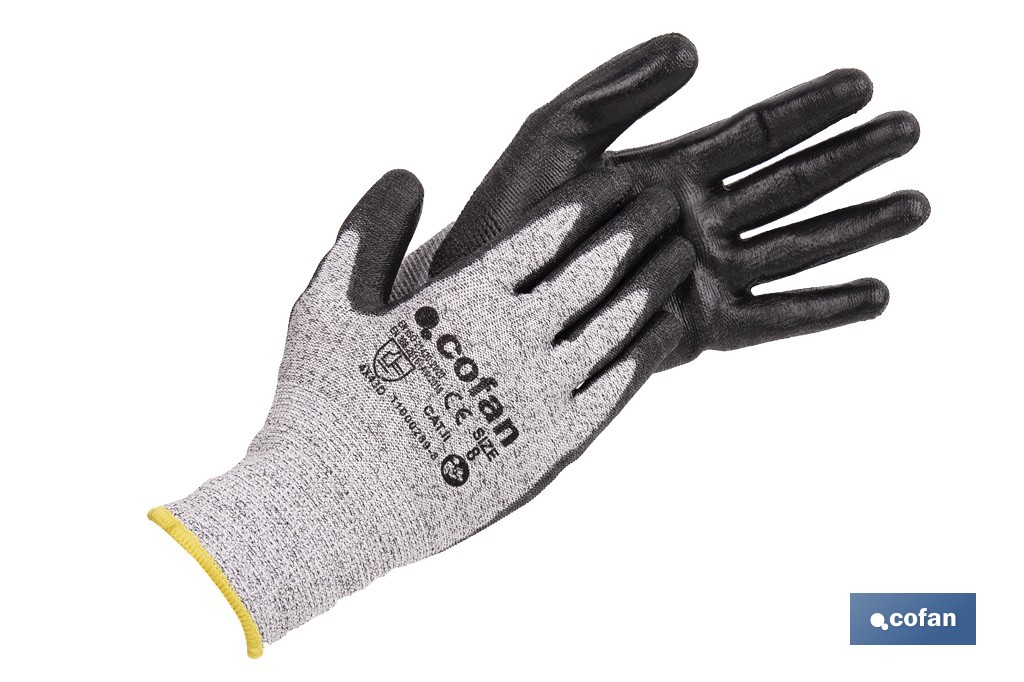 Guantes anticorte ultraligeros impregnados de PU negro | Protección mecánica | EN 388 4X43D – EN 21420 | Disponibles desde la talla 7 hasta la 11 - Cofan
