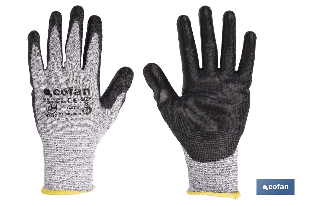 Guantes anticorte ultraligeros impregnados de PU negro | Protección mecánica | EN 388 4X43D – EN 21420 | Disponibles desde la talla 7 hasta la 11 - Cofan