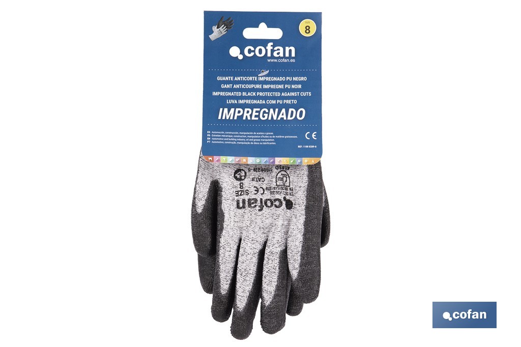Guantes anticorte ultraligeros impregnados de PU negro | Protección mecánica | EN 388 4X43D – EN 21420 | Disponibles desde la talla 7 hasta la 11 - Cofan