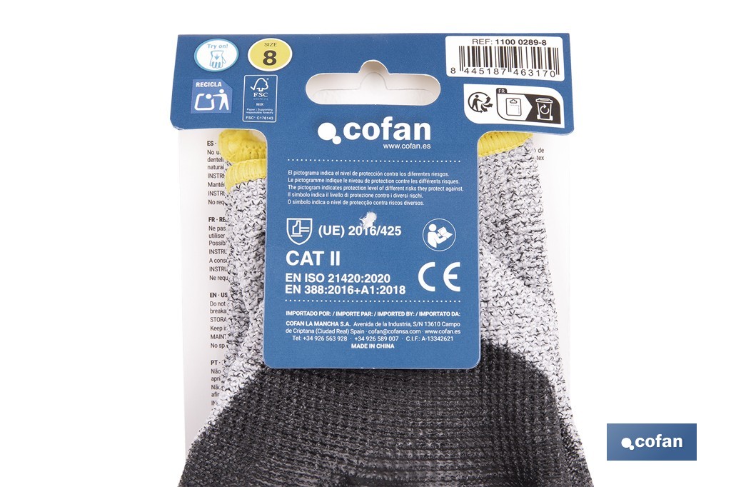 Guantes anticorte ultraligeros impregnados de PU negro | Protección mecánica | EN 388 4X43D – EN 21420 | Disponibles desde la talla 7 hasta la 11 - Cofan