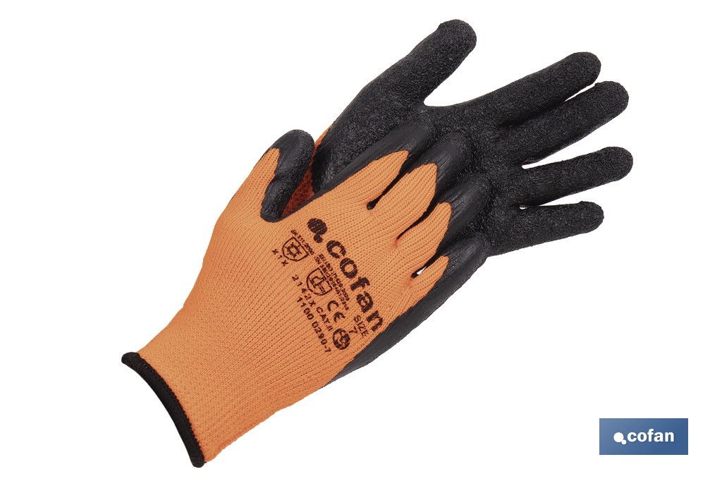 Guantes de protección naranja flúor con látex térmico | Protección mecánica y aislamiento térmico | EN 388 – EN 511 | Disponibles desde la talla 7 hasta la 11 - Cofan