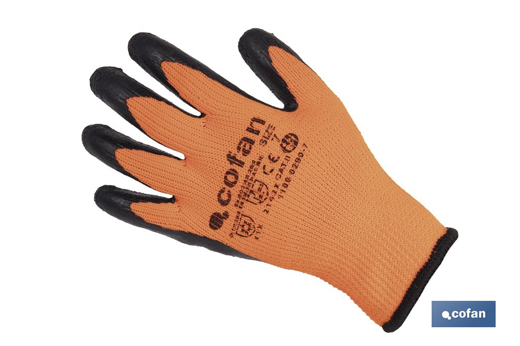Guantes de protección naranja flúor con látex térmico | Protección mecánica y aislamiento térmico | EN 388 – EN 511 | Disponibles desde la talla 7 hasta la 11 - Cofan