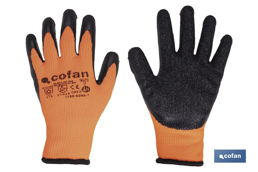 Guantes de protección naranja flúor con látex térmico | Protección mecánica y aislamiento térmico | EN 388 – EN 511 | Disponibles desde la talla 7 hasta la 11 - Cofan