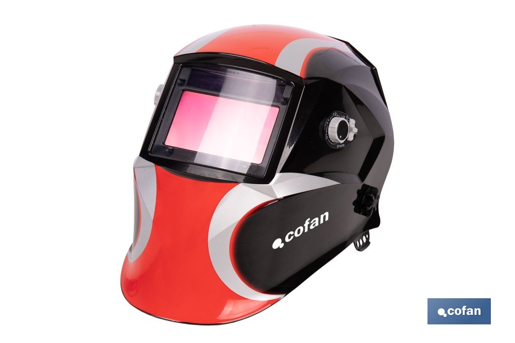 Casco de soldadura automático Red Surfing | Solar, oscurecimiento automático DIN 9-13 | 4 sensores y visor amplio DIN 9-13 | Adecuado para soldadura tipo ARC, MIG, MAG y TIG - Cofan