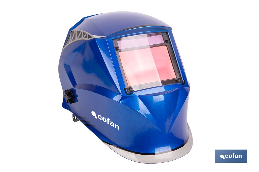 Casco de soldadura automático Blue Flying Shark | Solar, oscurecimiento automático DIN 4-9 / DIN 9-13 | 4 sensores y visor panorámico | Adecuado para soldadura tipo ARC, MIG, MAG y TIG - Cofan