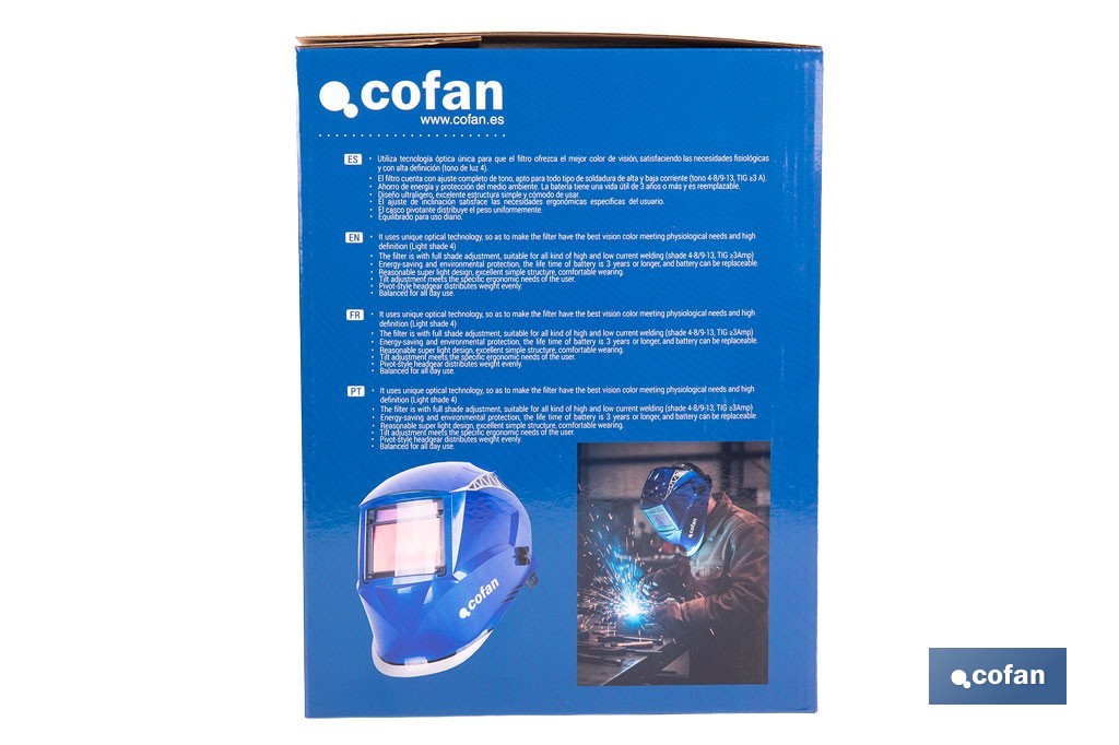 Casco de soldadura automático Blue Flying Shark | Solar, oscurecimiento automático DIN 4-9 / DIN 9-13 | 4 sensores y visor panorámico | Adecuado para soldadura tipo ARC, MIG, MAG y TIG - Cofan