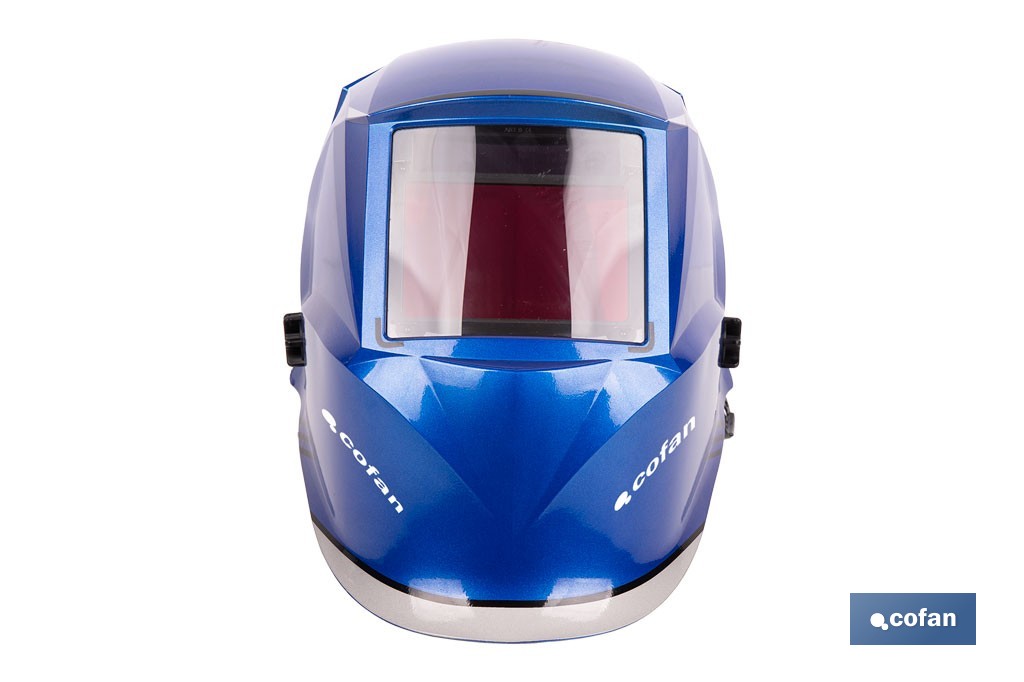 Casco de soldadura automático Blue Flying Shark | Solar, oscurecimiento automático DIN 4-9 / DIN 9-13 | 4 sensores y visor panorámico | Adecuado para soldadura tipo ARC, MIG, MAG y TIG - Cofan