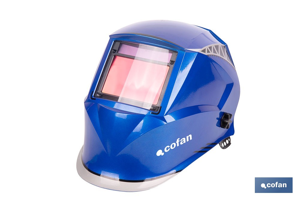 Casco de soldadura automático Blue Flying Shark | Solar, oscurecimiento automático DIN 4-9 / DIN 9-13 | 4 sensores y visor panorámico | Adecuado para soldadura tipo ARC, MIG, MAG y TIG - Cofan